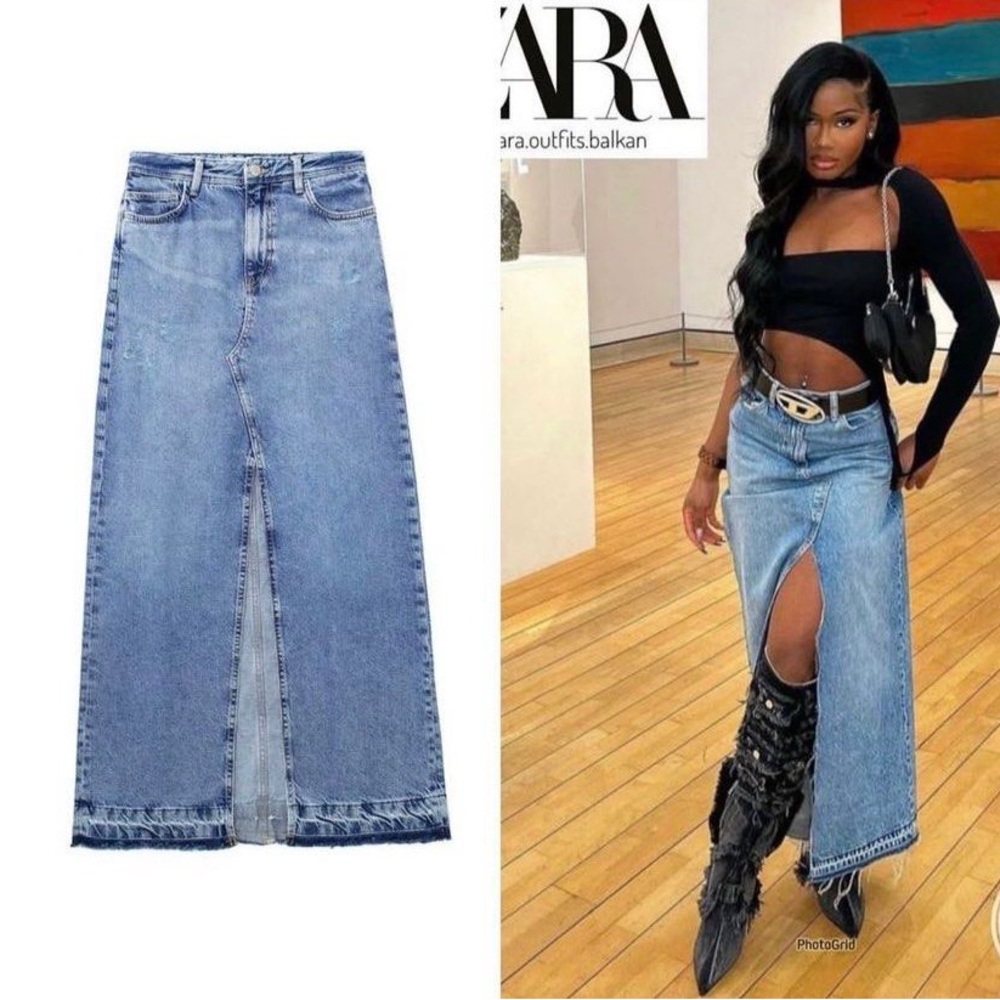 Denim Maxi Skirt with Front Slit - Light Blue